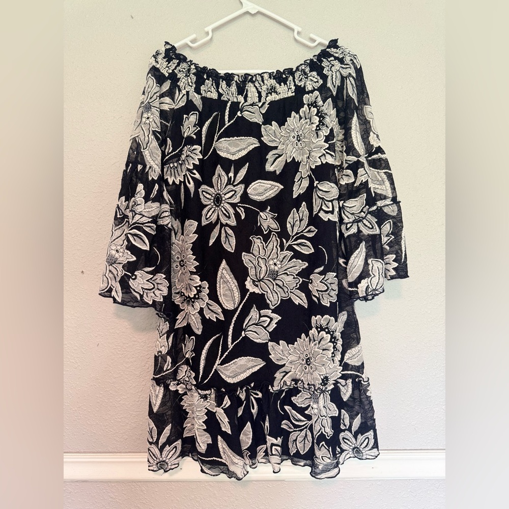 Boho Navy Blue Floral Off-Shoulder Bell Sleeve Dress